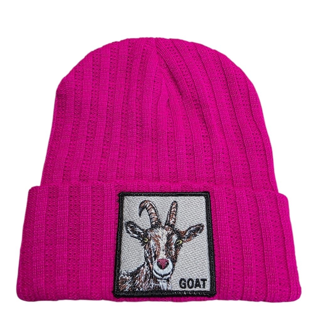 Pink Knit Beanie With G.o.a.t. Patch.(Greatest Of All Time)